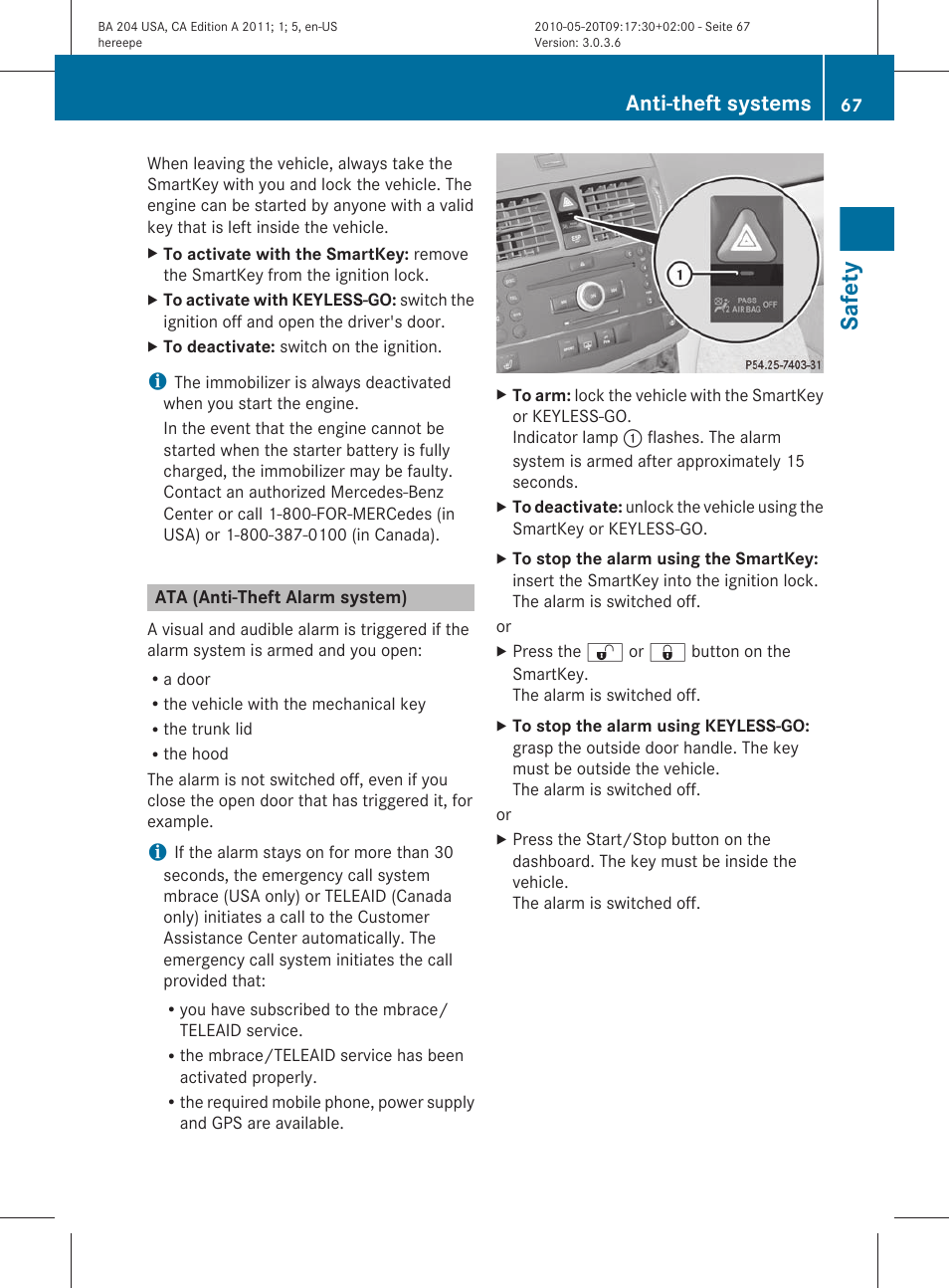 Ata (anti-theft alarm system), Safety, Anti-theft systems | Mercedes-Benz C-Class 2011 Owners Manual User Manual | Page 69 / 320