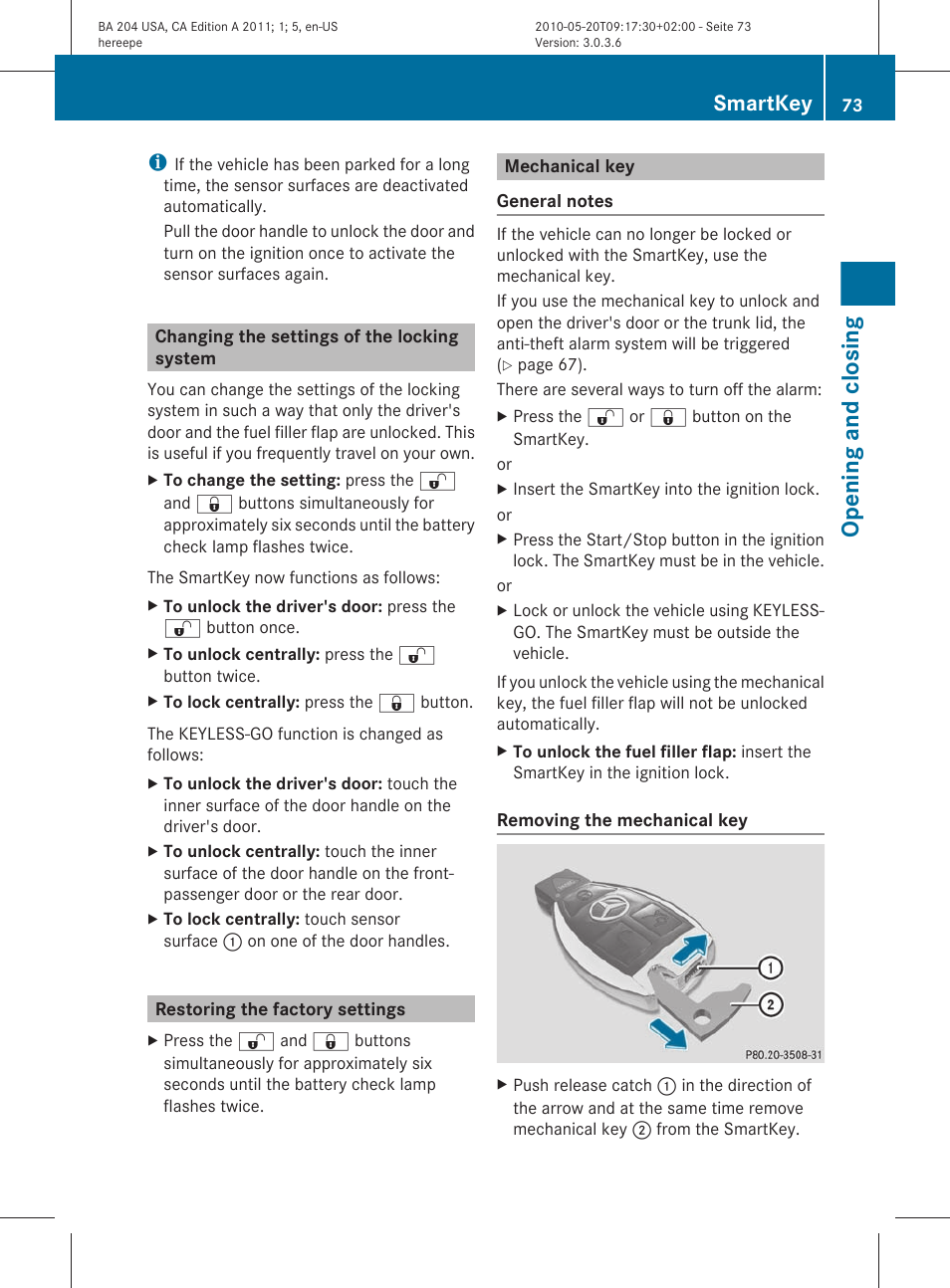 Changing the settings of the locking system, Restoring the factory settings, Mechanical key | Opening and closing, Smartkey | Mercedes-Benz C-Class 2011 Owners Manual User Manual | Page 75 / 320