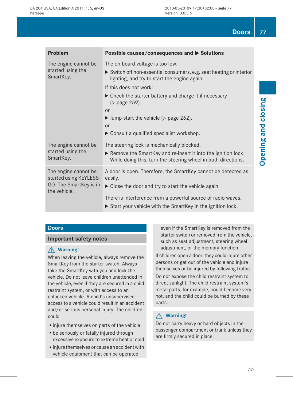 Doors, Important safety notes, Opening and closing | Mercedes-Benz C-Class 2011 Owners Manual User Manual | Page 79 / 320