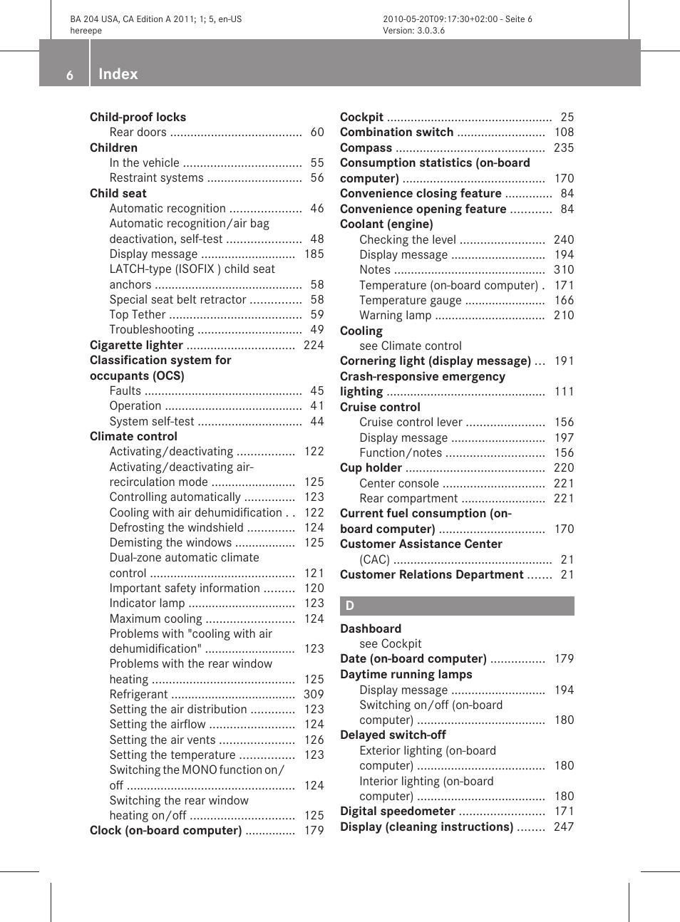 Index | Mercedes-Benz C-Class 2011 Owners Manual User Manual | Page 8 / 320