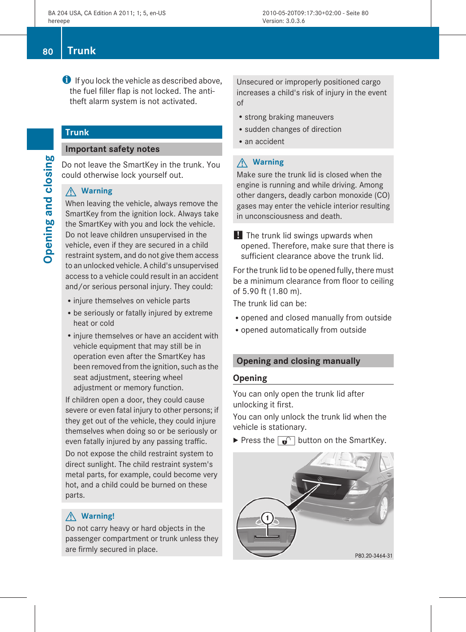 Trunk, Important safety notes, Opening and closing manually | Opening and closing | Mercedes-Benz C-Class 2011 Owners Manual User Manual | Page 82 / 320