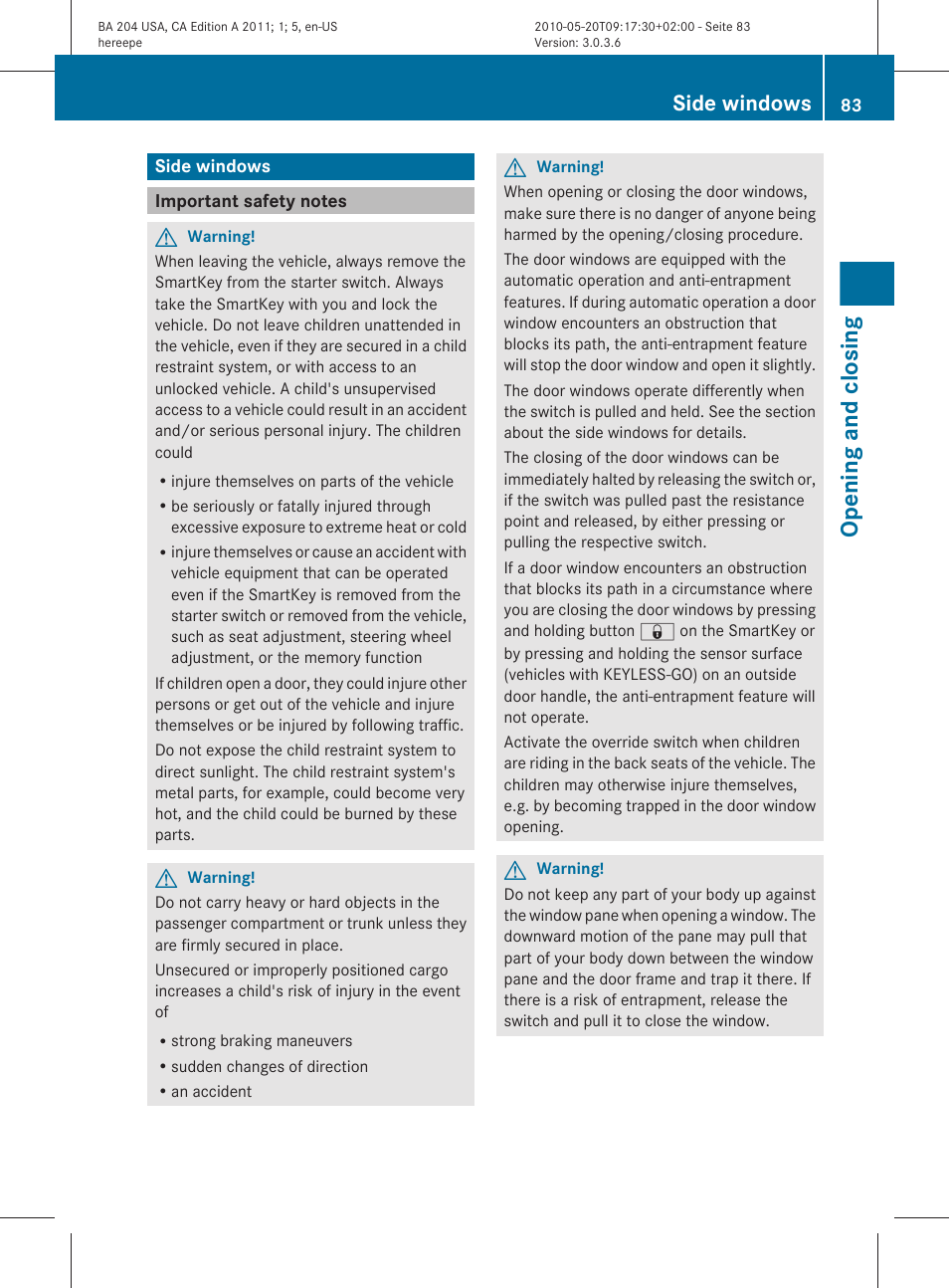 Side windows, Important safety notes, Opening and closing | Mercedes-Benz C-Class 2011 Owners Manual User Manual | Page 85 / 320