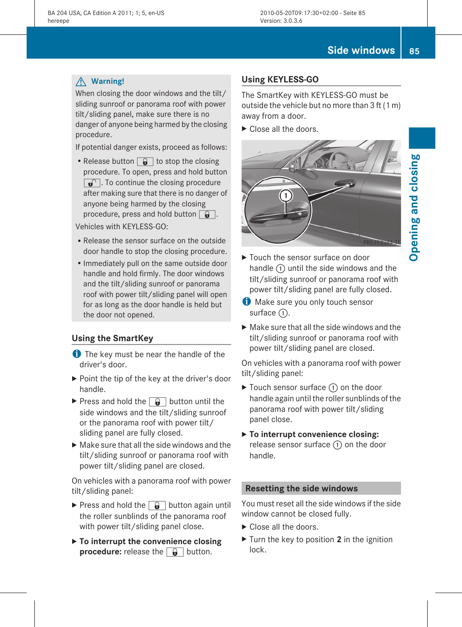 Resetting the side windows, Opening and closing, Side windows | Mercedes-Benz C-Class 2011 Owners Manual User Manual | Page 87 / 320