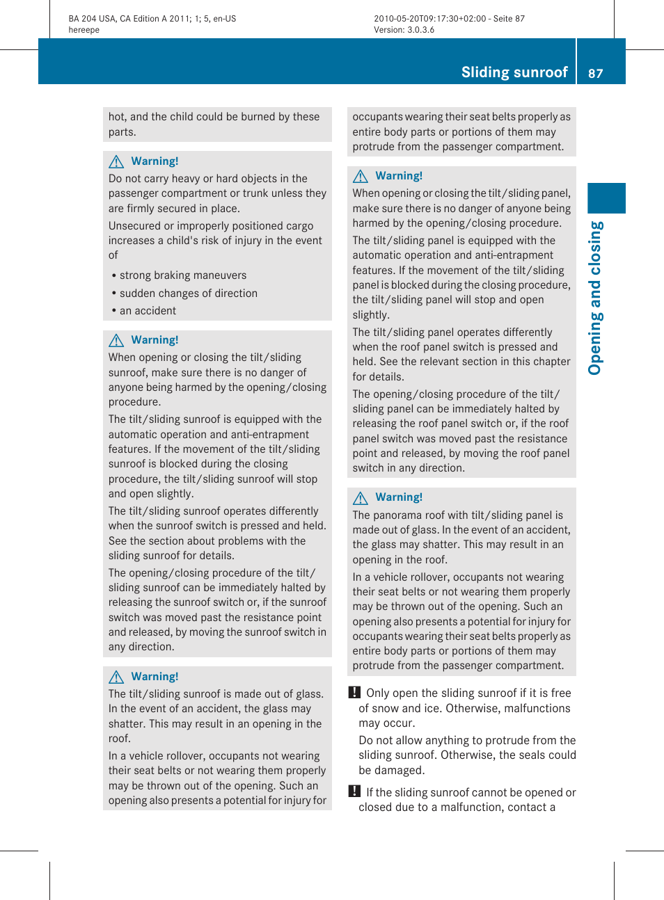 Opening and closing, Sliding sunroof | Mercedes-Benz C-Class 2011 Owners Manual User Manual | Page 89 / 320