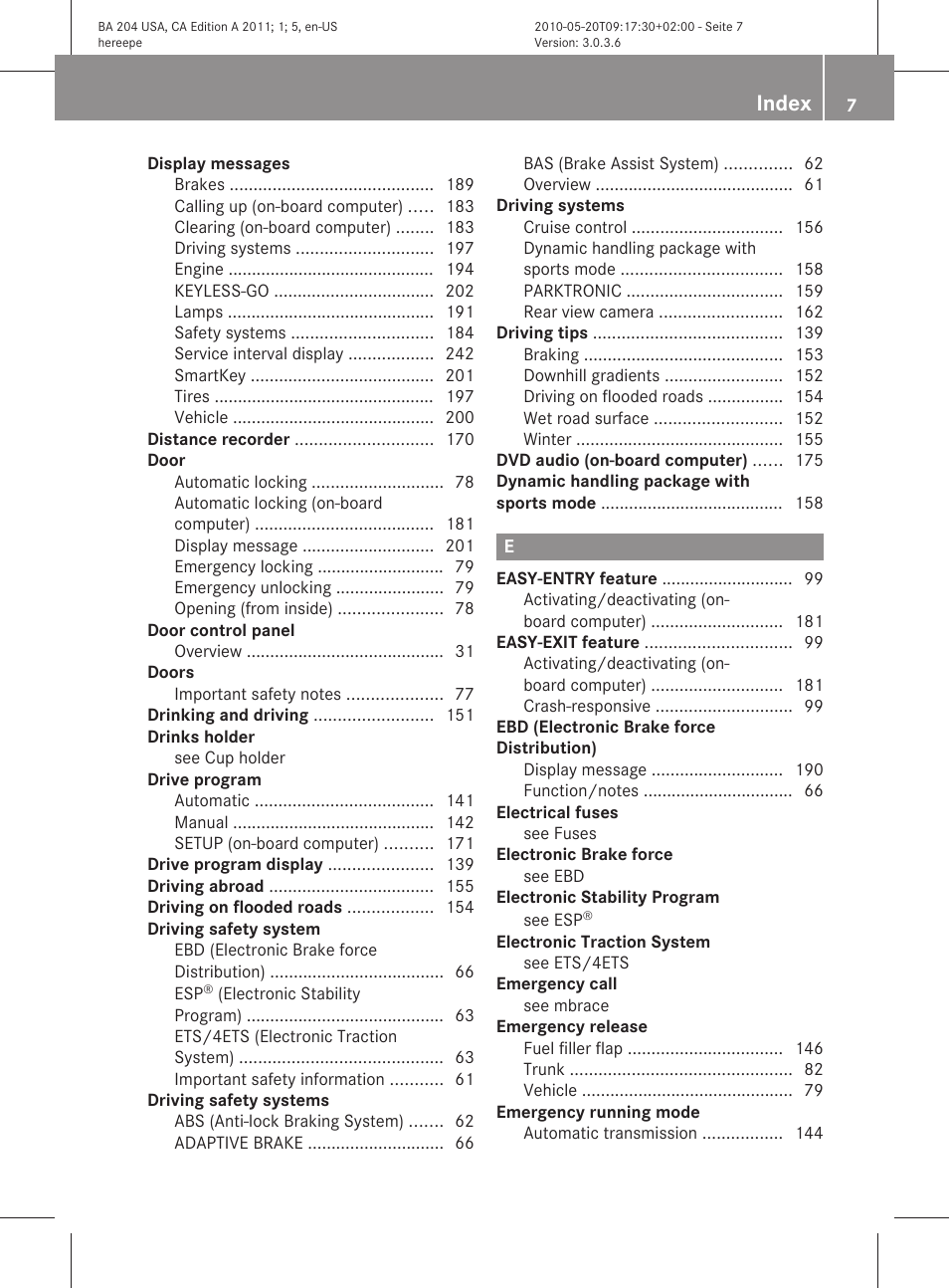 Index | Mercedes-Benz C-Class 2011 Owners Manual User Manual | Page 9 / 320