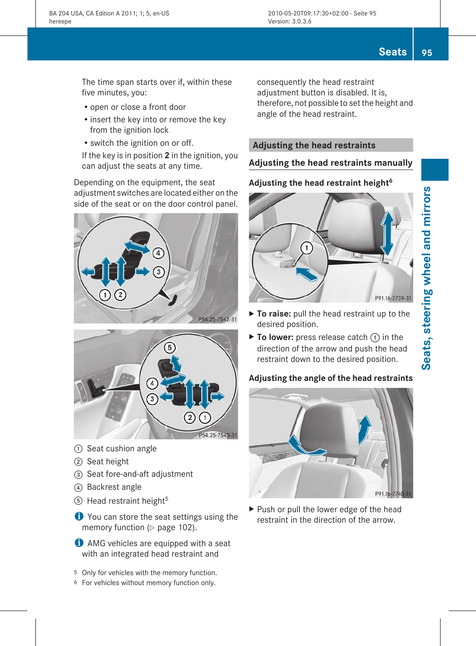 Adjusting the head restraints, Seats, steering wheel and mirrors, Seats | Mercedes-Benz C-Class 2011 Owners Manual User Manual | Page 97 / 320