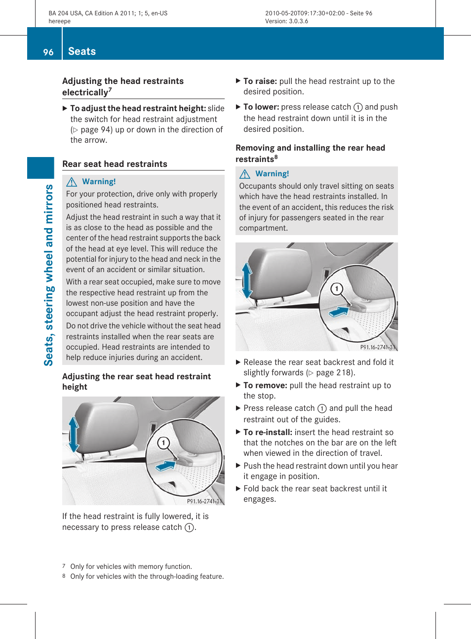 Seats, steering wheel and mirrors, Seats | Mercedes-Benz C-Class 2011 Owners Manual User Manual | Page 98 / 320