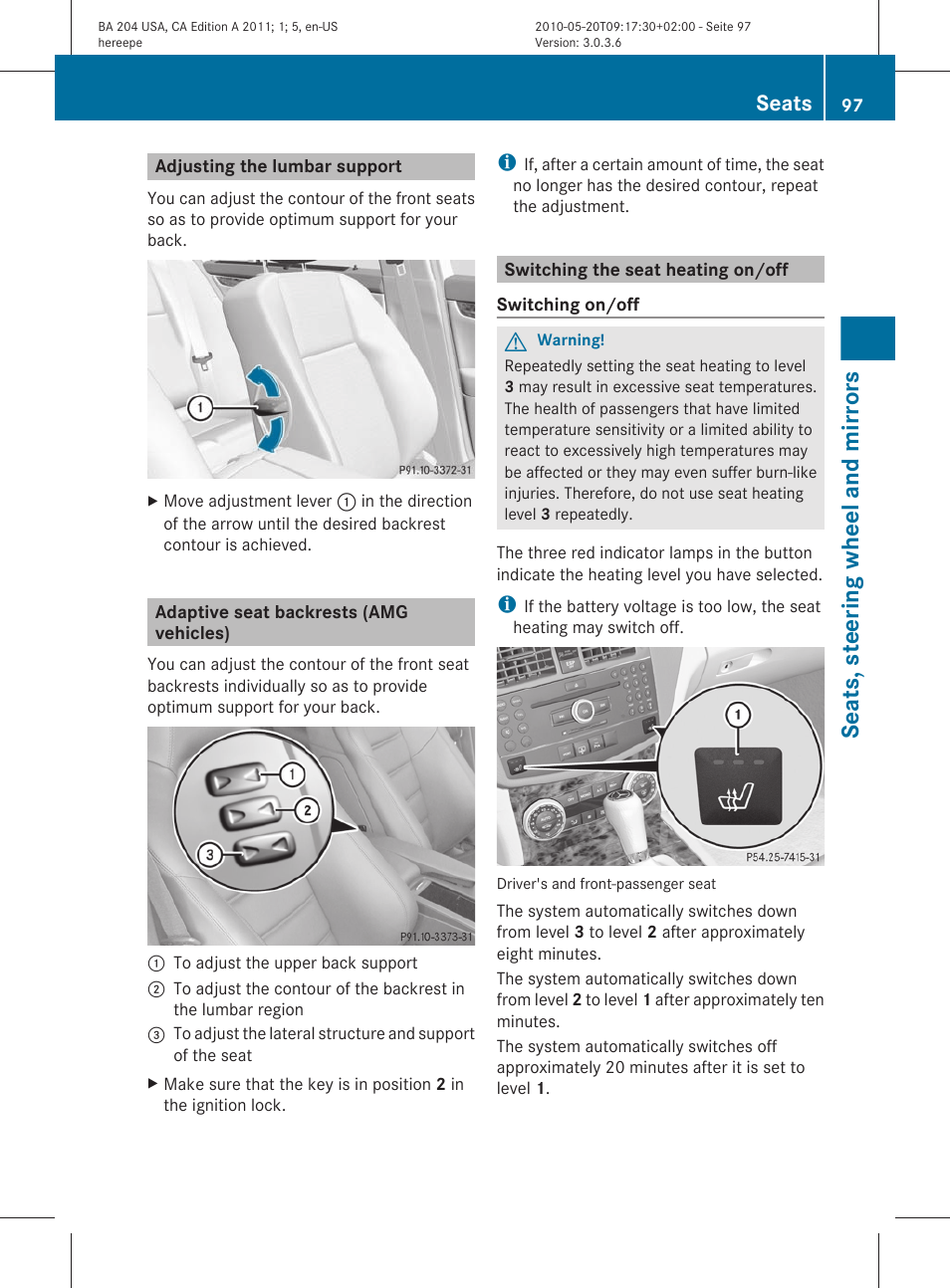 Adjusting the lumbar support, Adaptive seat backrests (amg vehicles), Switching the seat heating on/off | Seats, steering wheel and mirrors, Seats | Mercedes-Benz C-Class 2011 Owners Manual User Manual | Page 99 / 320