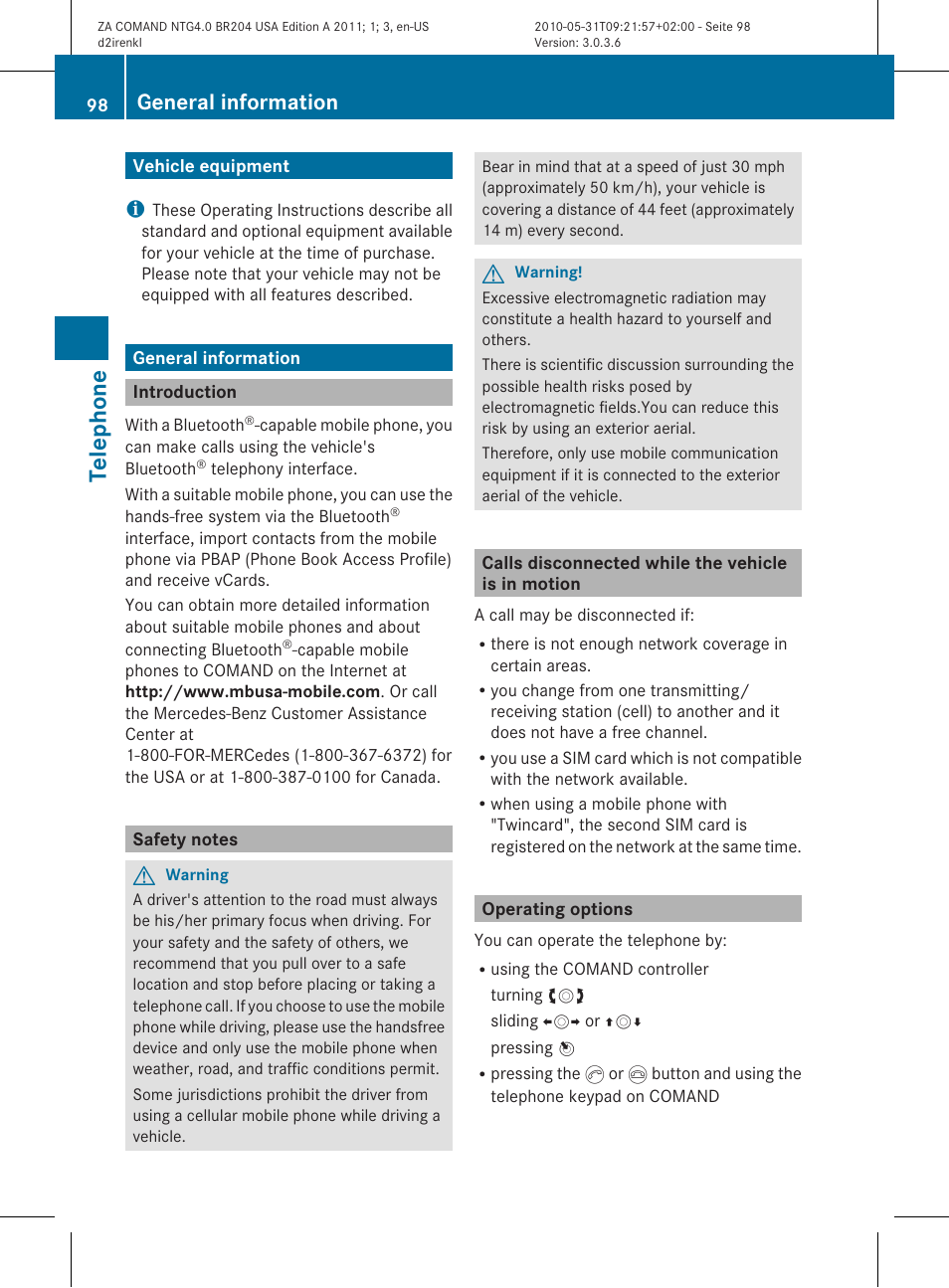 Tel epho ne, General information | Mercedes-Benz GLK-Class 2011 COMAND Manual User Manual | Page 100 / 190