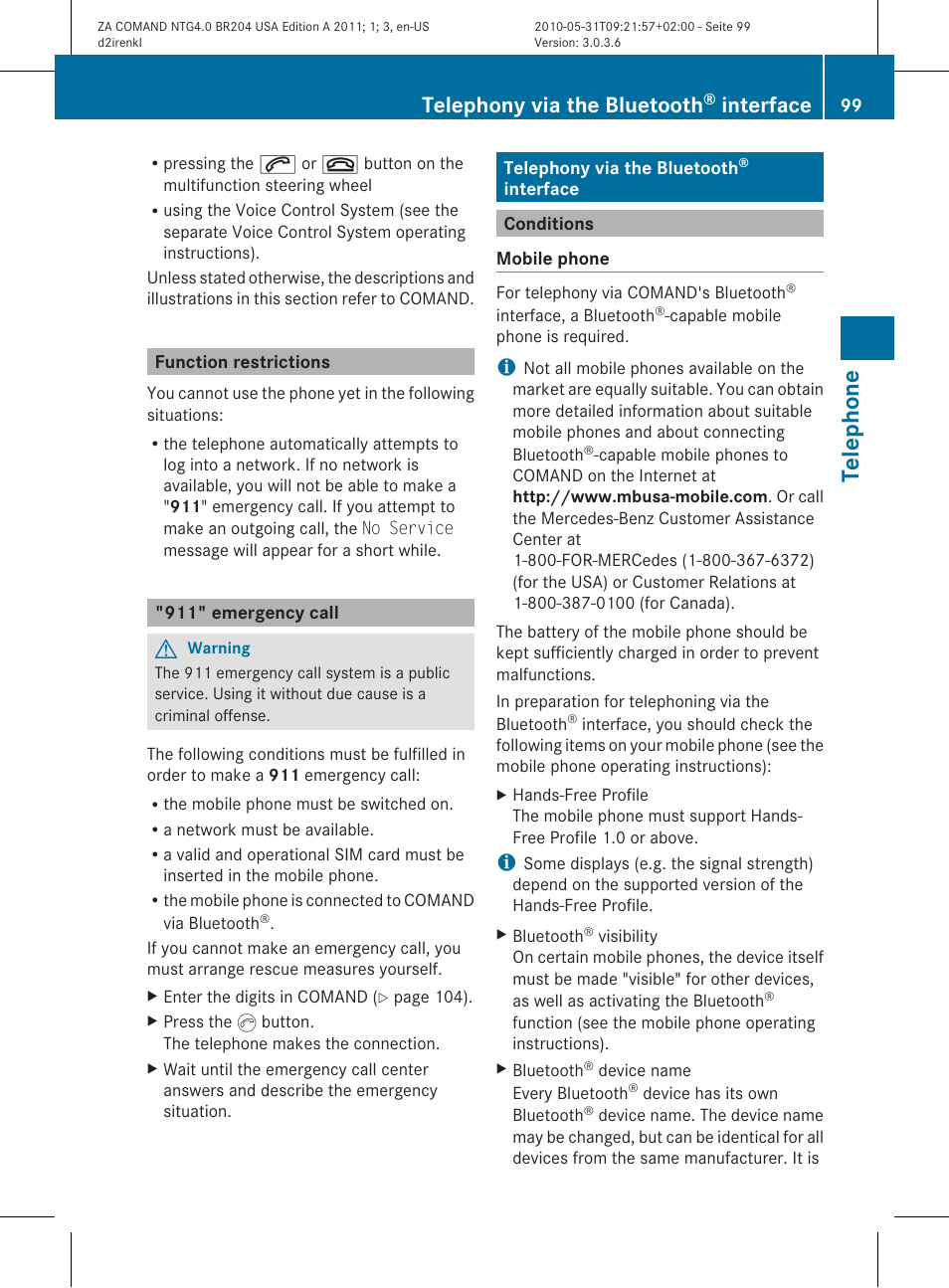 Telephone, Telephony via the bluetooth, Interface | Mercedes-Benz GLK-Class 2011 COMAND Manual User Manual | Page 101 / 190
