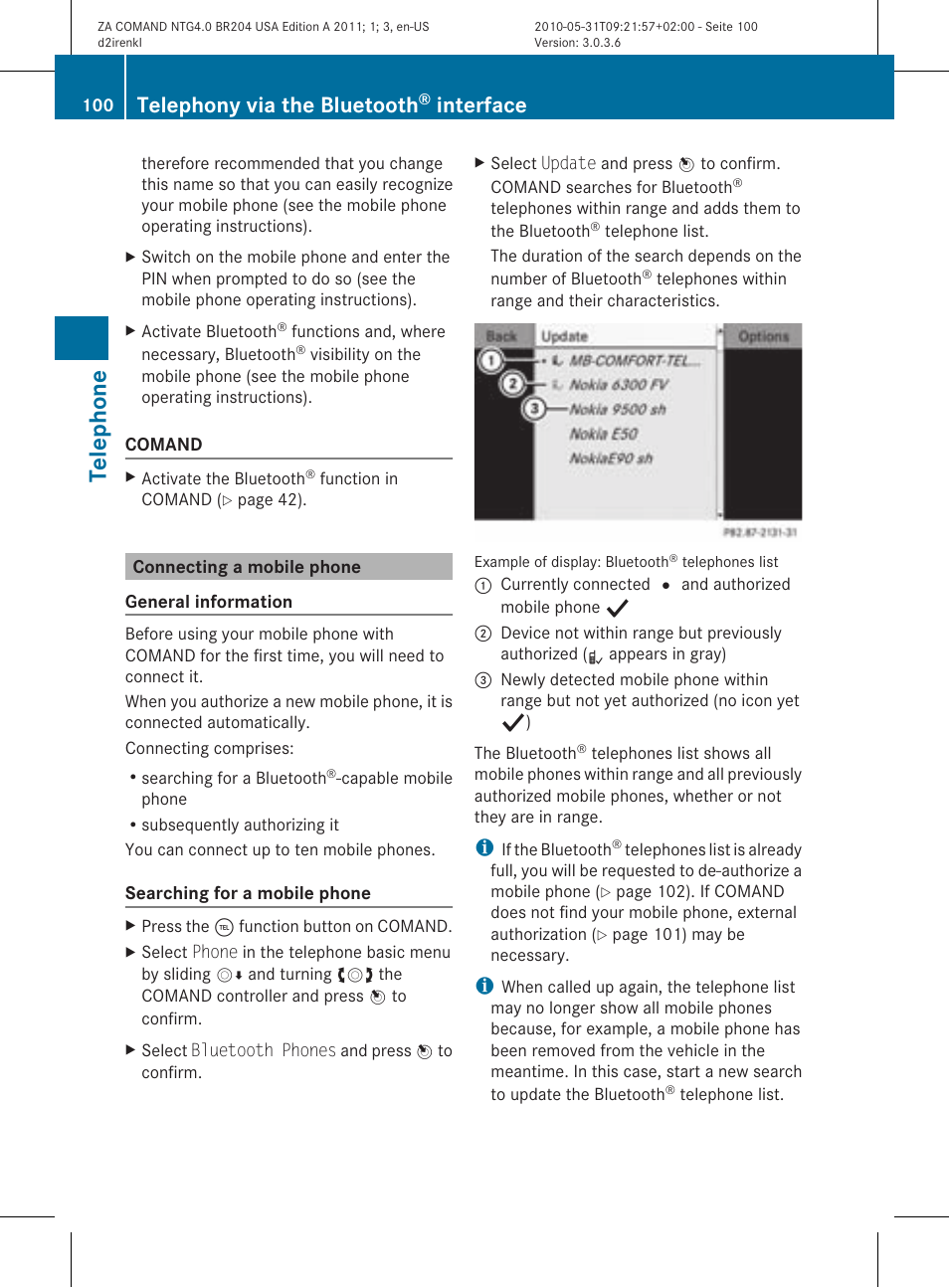 Telep hone, Telephony via the bluetooth, Interface | Mercedes-Benz GLK-Class 2011 COMAND Manual User Manual | Page 102 / 190