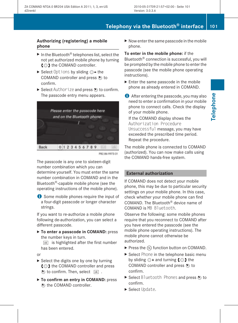Telephone, Telephony via the bluetooth, Interface | Mercedes-Benz GLK-Class 2011 COMAND Manual User Manual | Page 103 / 190