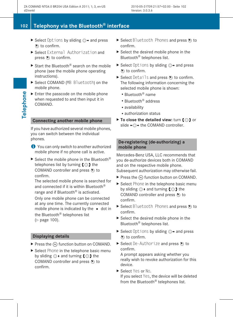 Telephone, Telephony via the bluetooth, Interface | Mercedes-Benz GLK-Class 2011 COMAND Manual User Manual | Page 104 / 190