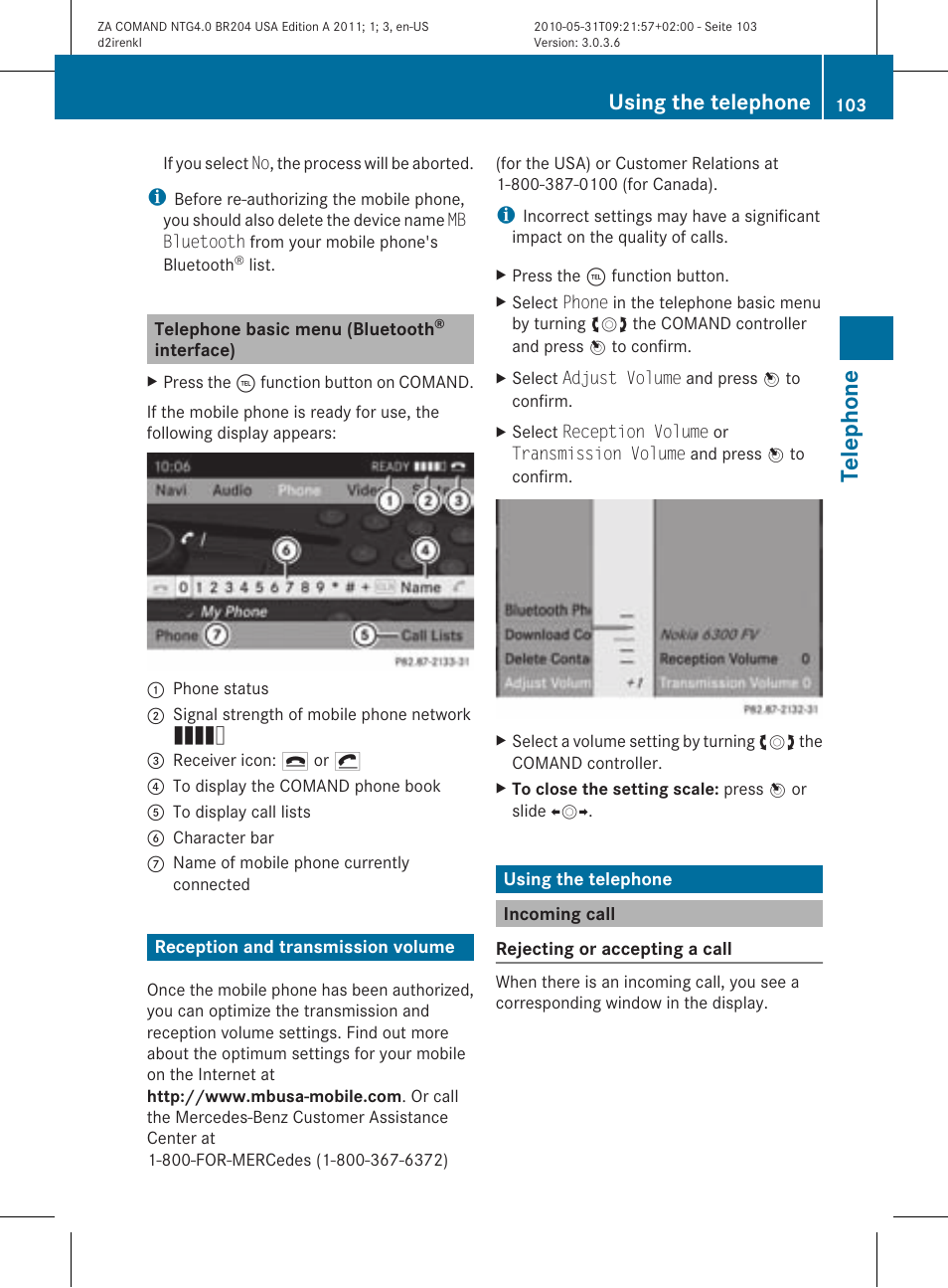Tele phone, Using the telephone | Mercedes-Benz GLK-Class 2011 COMAND Manual User Manual | Page 105 / 190