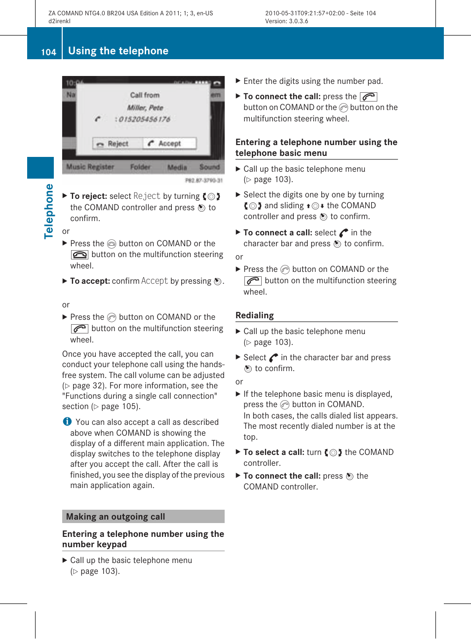 Tele phone, Using the telephone | Mercedes-Benz GLK-Class 2011 COMAND Manual User Manual | Page 106 / 190