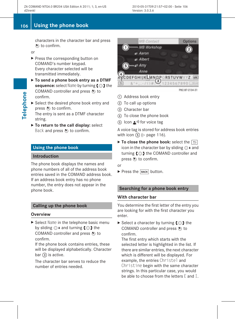 Telephone, Using the phone book | Mercedes-Benz GLK-Class 2011 COMAND Manual User Manual | Page 108 / 190