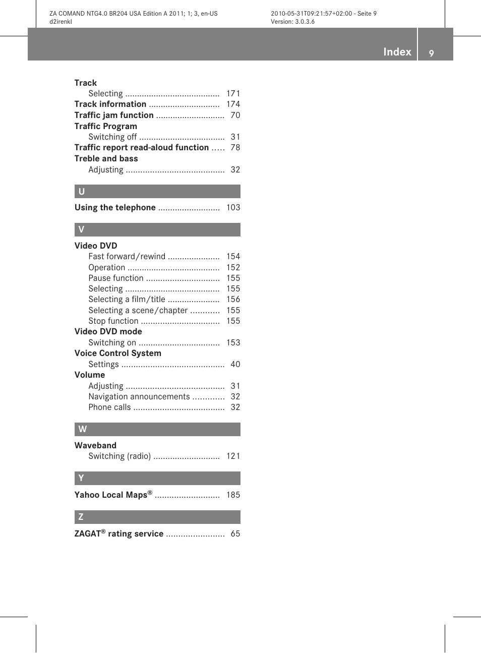 Index | Mercedes-Benz GLK-Class 2011 COMAND Manual User Manual | Page 11 / 190