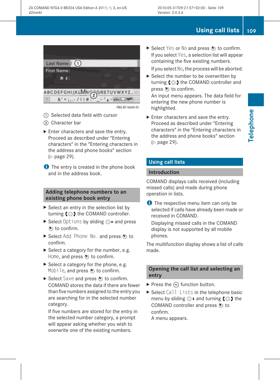 Telephone, Using call lists | Mercedes-Benz GLK-Class 2011 COMAND Manual User Manual | Page 111 / 190