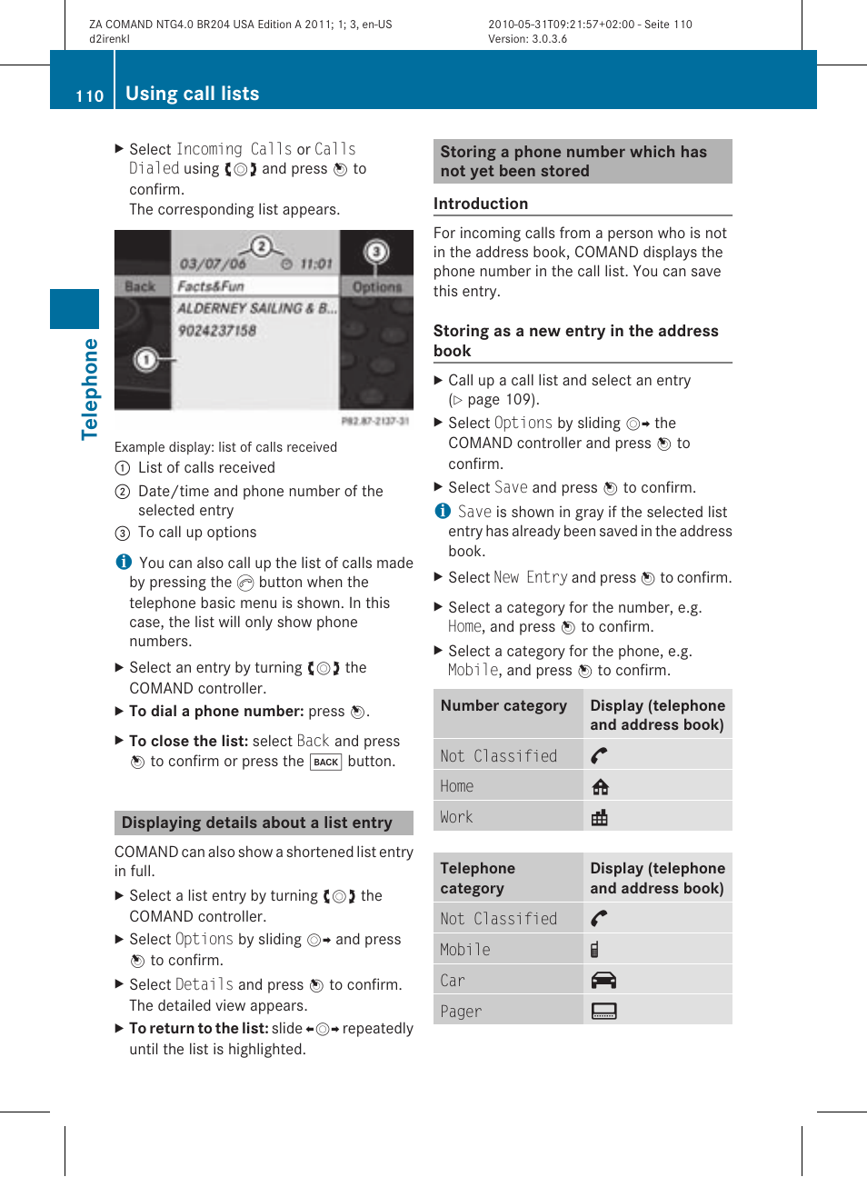 Telephone, Using call lists | Mercedes-Benz GLK-Class 2011 COMAND Manual User Manual | Page 112 / 190