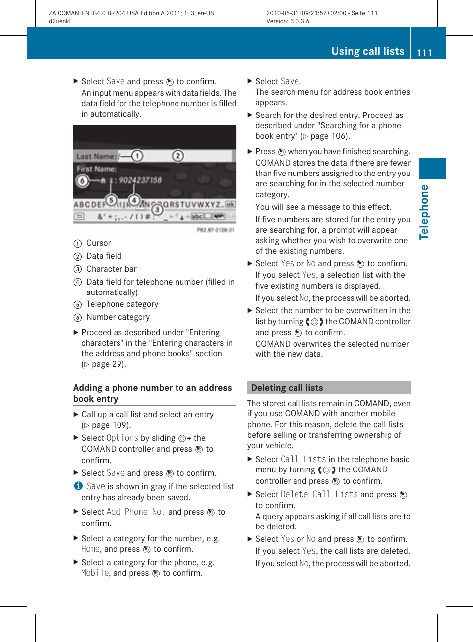 Tel eph one, Using call lists | Mercedes-Benz GLK-Class 2011 COMAND Manual User Manual | Page 113 / 190