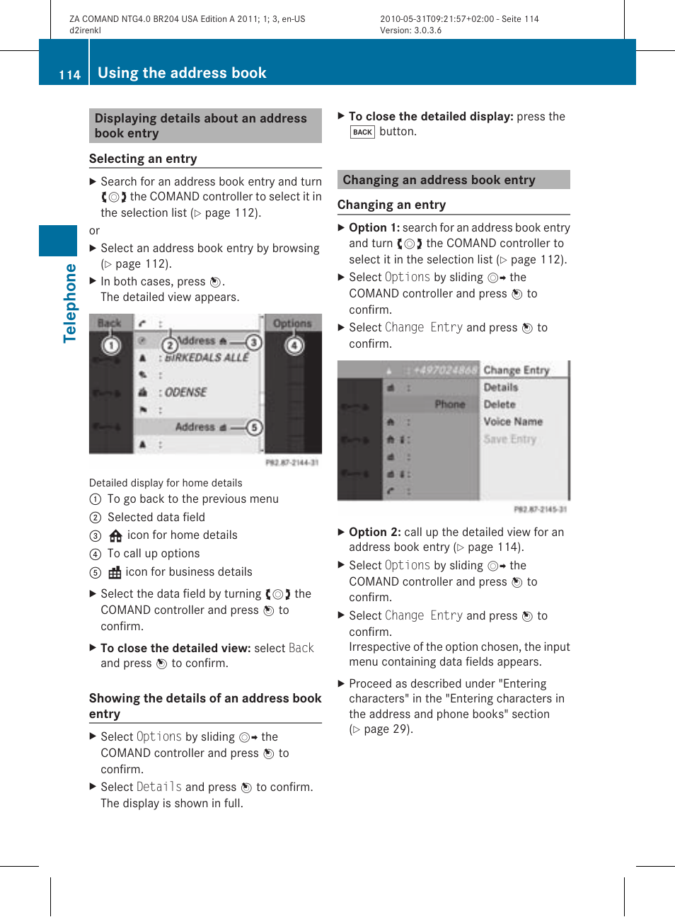 Telephone, Using the address book | Mercedes-Benz GLK-Class 2011 COMAND Manual User Manual | Page 116 / 190