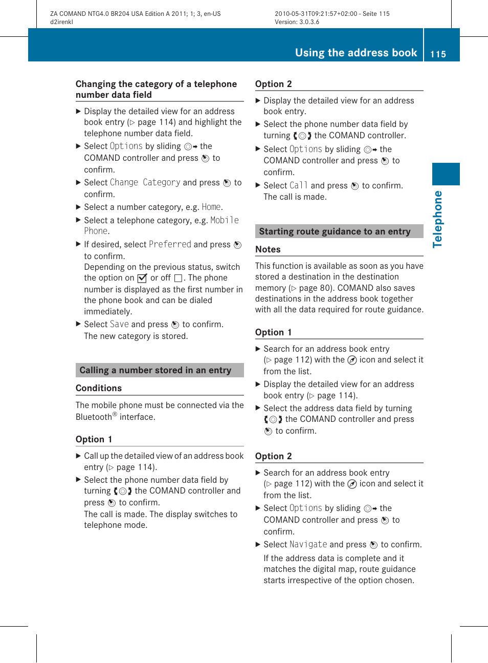 Telephone, Using the address book | Mercedes-Benz GLK-Class 2011 COMAND Manual User Manual | Page 117 / 190