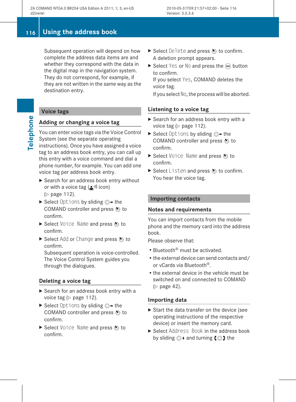 Telep hone, Using the address book | Mercedes-Benz GLK-Class 2011 COMAND Manual User Manual | Page 118 / 190