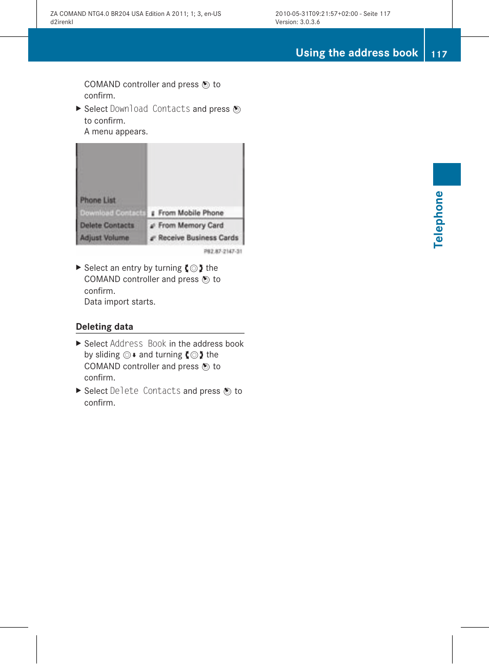 Telephone, Using the address book | Mercedes-Benz GLK-Class 2011 COMAND Manual User Manual | Page 119 / 190