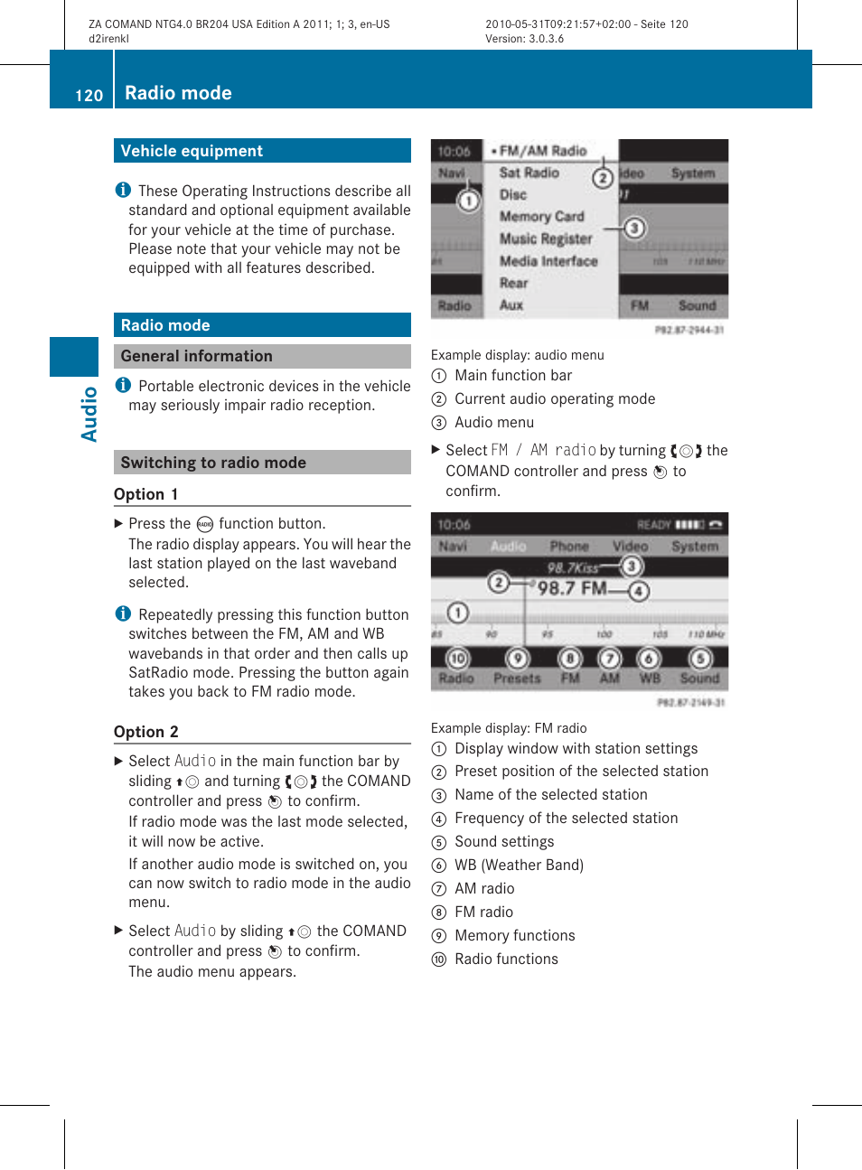 Audio, Radio mode | Mercedes-Benz GLK-Class 2011 COMAND Manual User Manual | Page 122 / 190