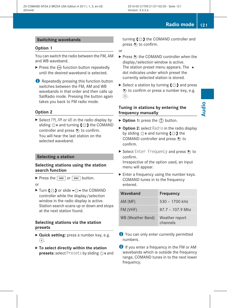 Audio, Radio mode | Mercedes-Benz GLK-Class 2011 COMAND Manual User Manual | Page 123 / 190