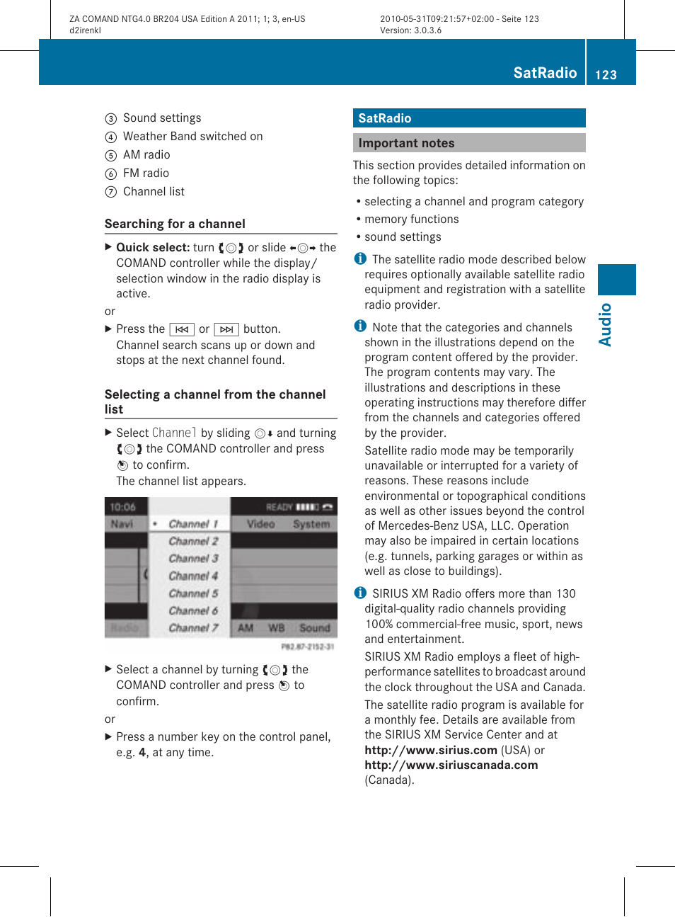 Audio, Satradio | Mercedes-Benz GLK-Class 2011 COMAND Manual User Manual | Page 125 / 190