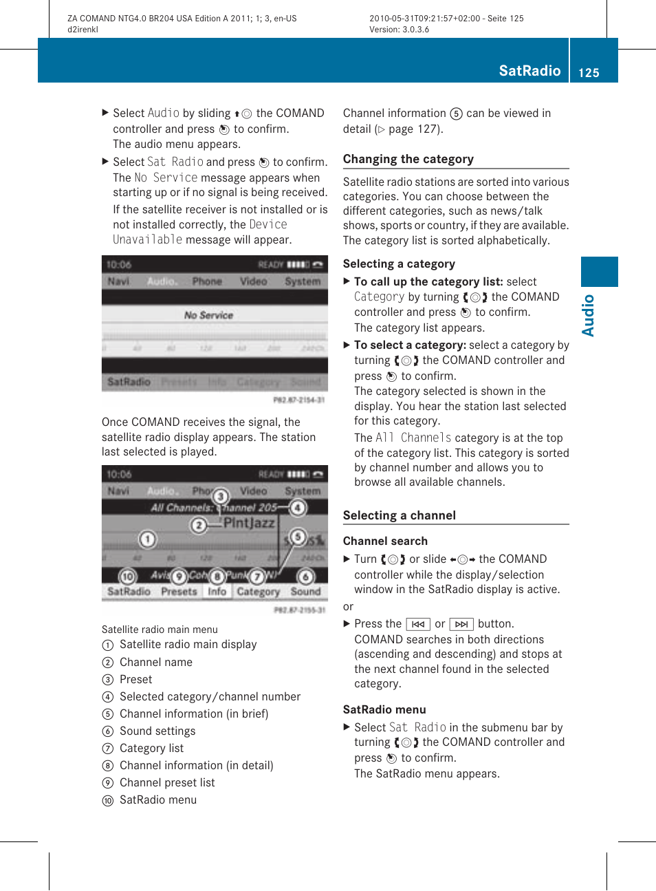 Audio, Satradio | Mercedes-Benz GLK-Class 2011 COMAND Manual User Manual | Page 127 / 190