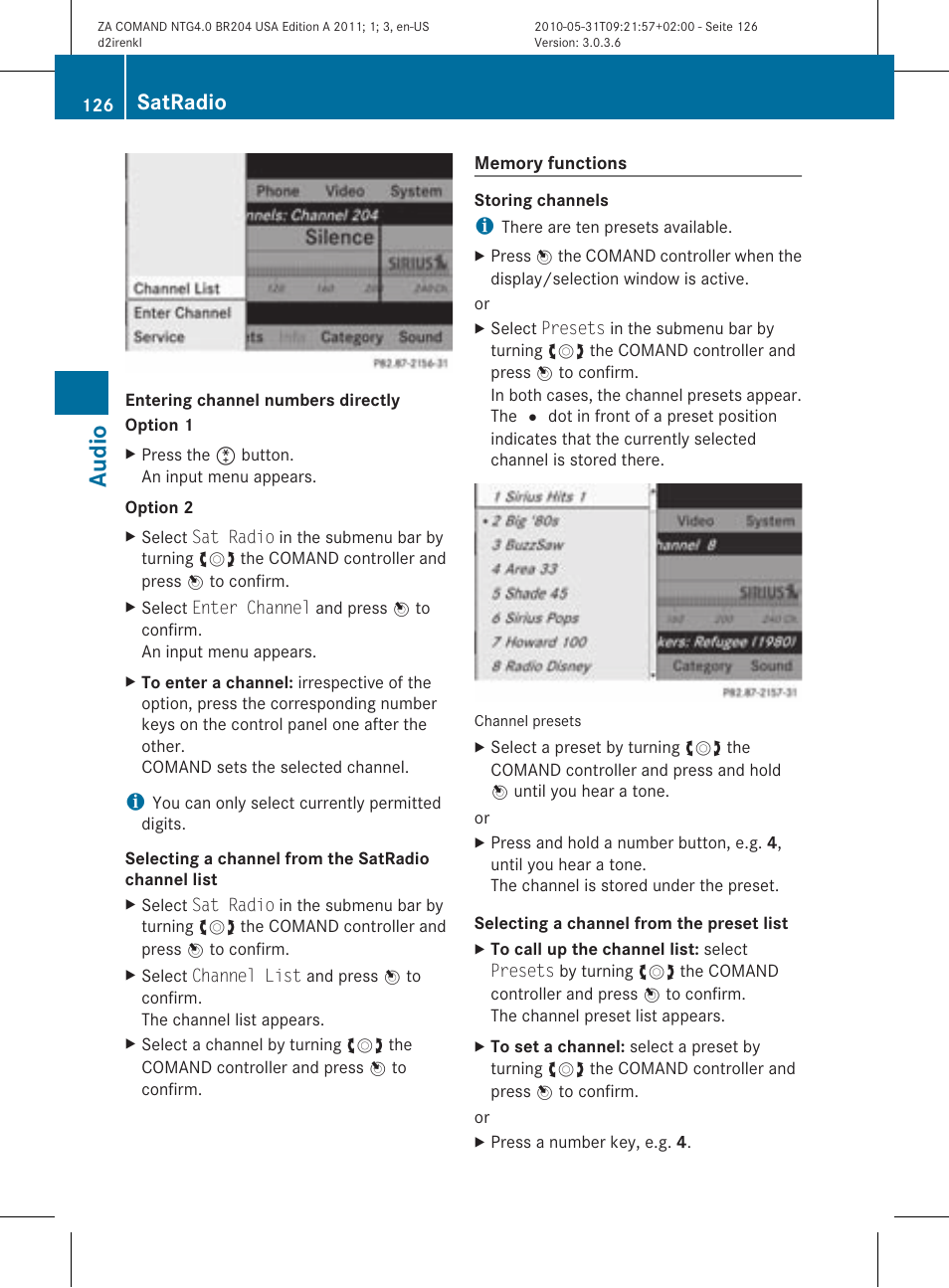 Audio, Satradio | Mercedes-Benz GLK-Class 2011 COMAND Manual User Manual | Page 128 / 190