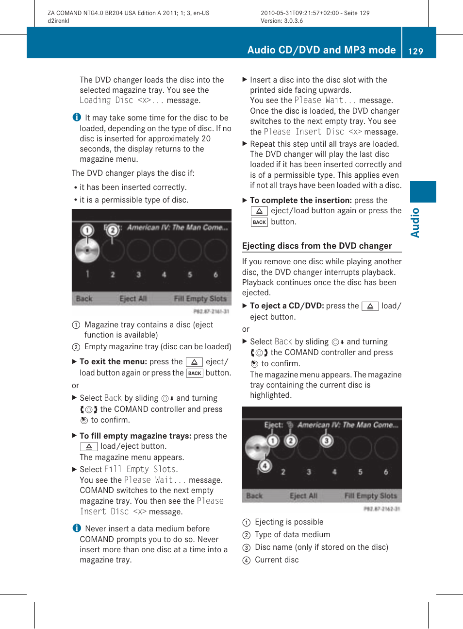 Audio, Audio cd/dvd and mp3 mode | Mercedes-Benz GLK-Class 2011 COMAND Manual User Manual | Page 131 / 190