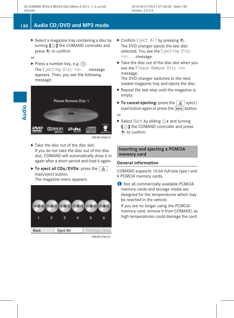 Audio, Audio cd/dvd and mp3 mode | Mercedes-Benz GLK-Class 2011 COMAND Manual User Manual | Page 132 / 190