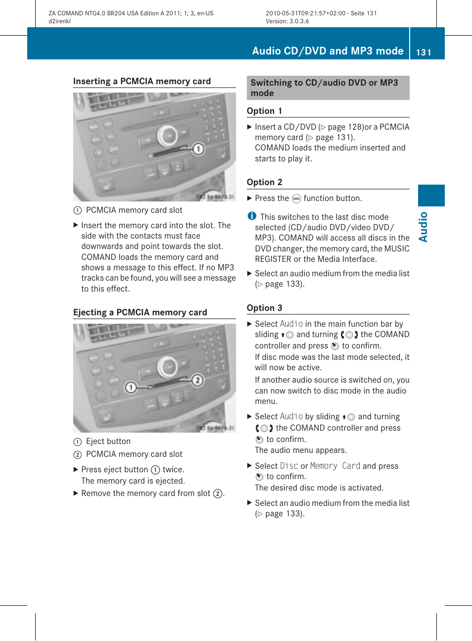 Audio, Audio cd/dvd and mp3 mode | Mercedes-Benz GLK-Class 2011 COMAND Manual User Manual | Page 133 / 190