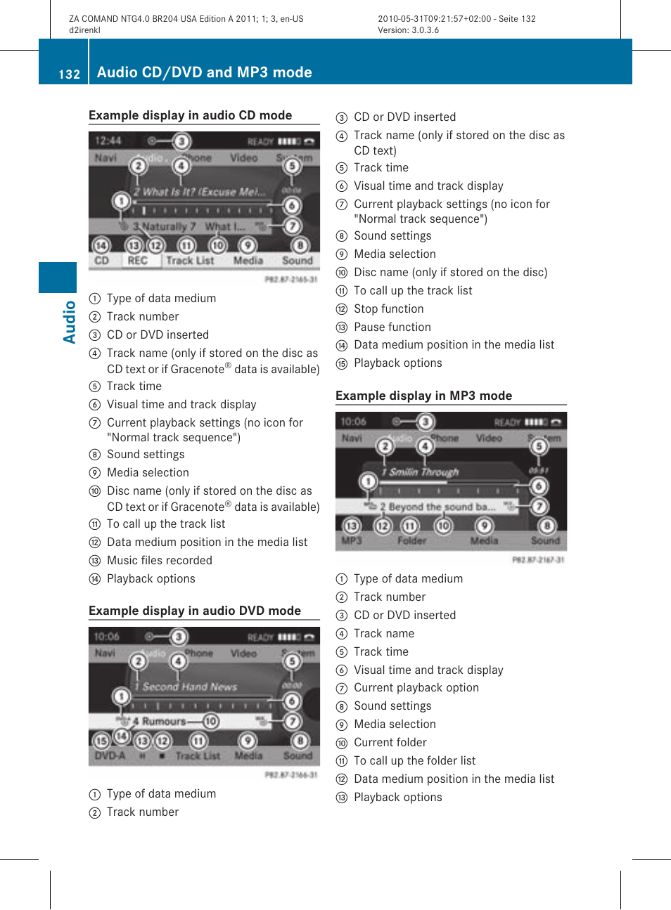Audio, Audio cd/dvd and mp3 mode | Mercedes-Benz GLK-Class 2011 COMAND Manual User Manual | Page 134 / 190