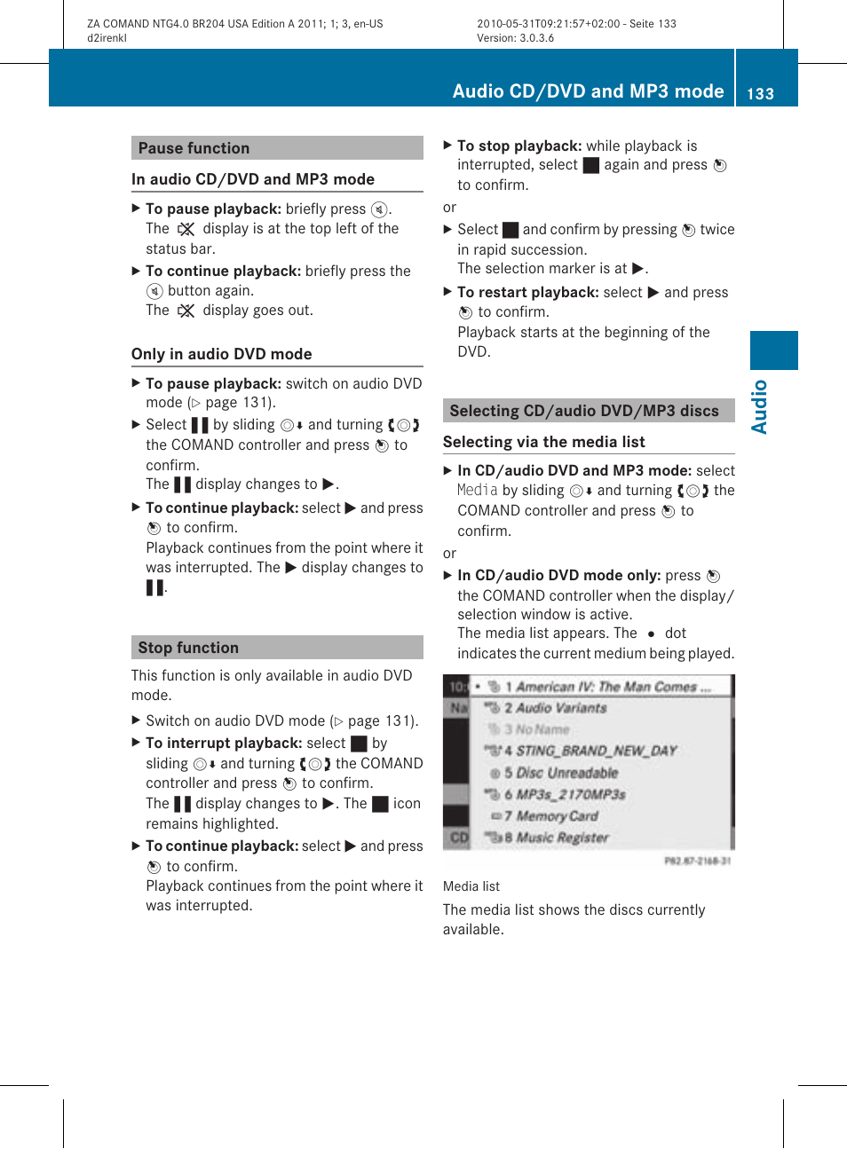 Audio, Audio cd/dvd and mp3 mode | Mercedes-Benz GLK-Class 2011 COMAND Manual User Manual | Page 135 / 190