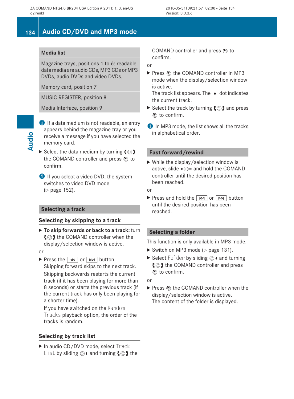 Audio, Audio cd/dvd and mp3 mode | Mercedes-Benz GLK-Class 2011 COMAND Manual User Manual | Page 136 / 190