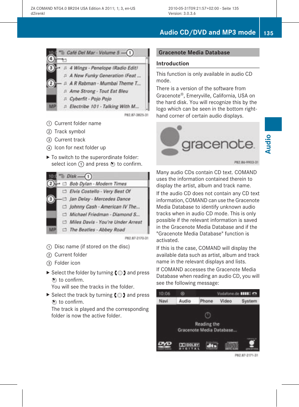 Audio, Audio cd/dvd and mp3 mode | Mercedes-Benz GLK-Class 2011 COMAND Manual User Manual | Page 137 / 190