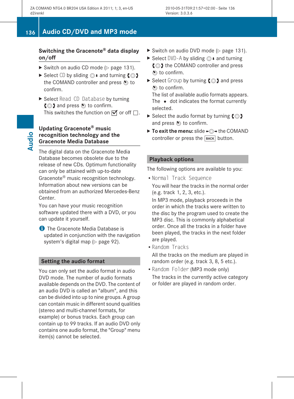 Audio, Audio cd/dvd and mp3 mode | Mercedes-Benz GLK-Class 2011 COMAND Manual User Manual | Page 138 / 190