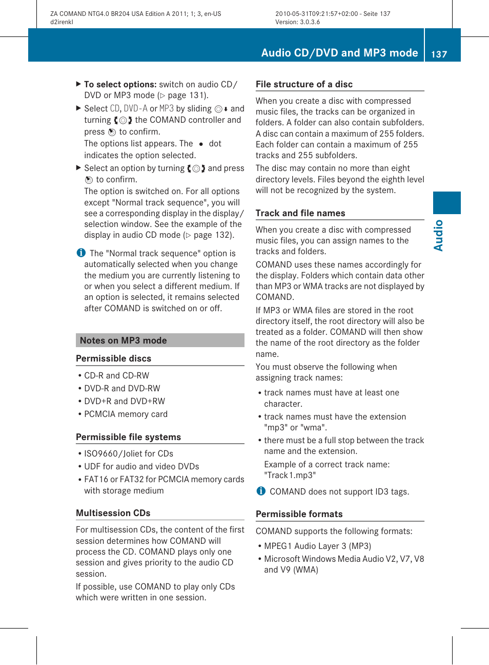 Audio, Audio cd/dvd and mp3 mode | Mercedes-Benz GLK-Class 2011 COMAND Manual User Manual | Page 139 / 190