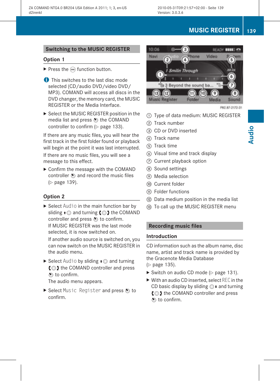 Aud io, Music register | Mercedes-Benz GLK-Class 2011 COMAND Manual User Manual | Page 141 / 190