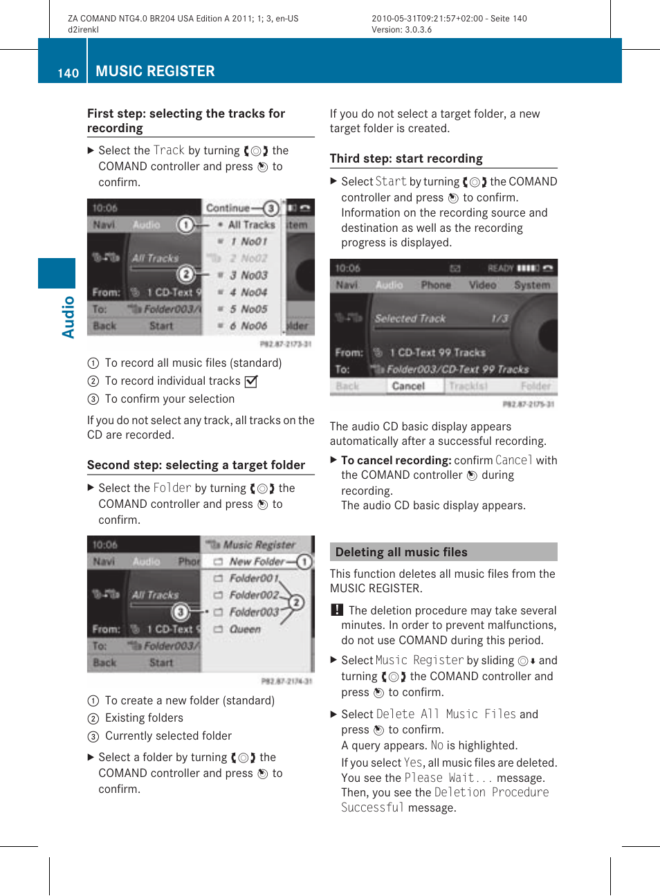 Audio, Music register | Mercedes-Benz GLK-Class 2011 COMAND Manual User Manual | Page 142 / 190