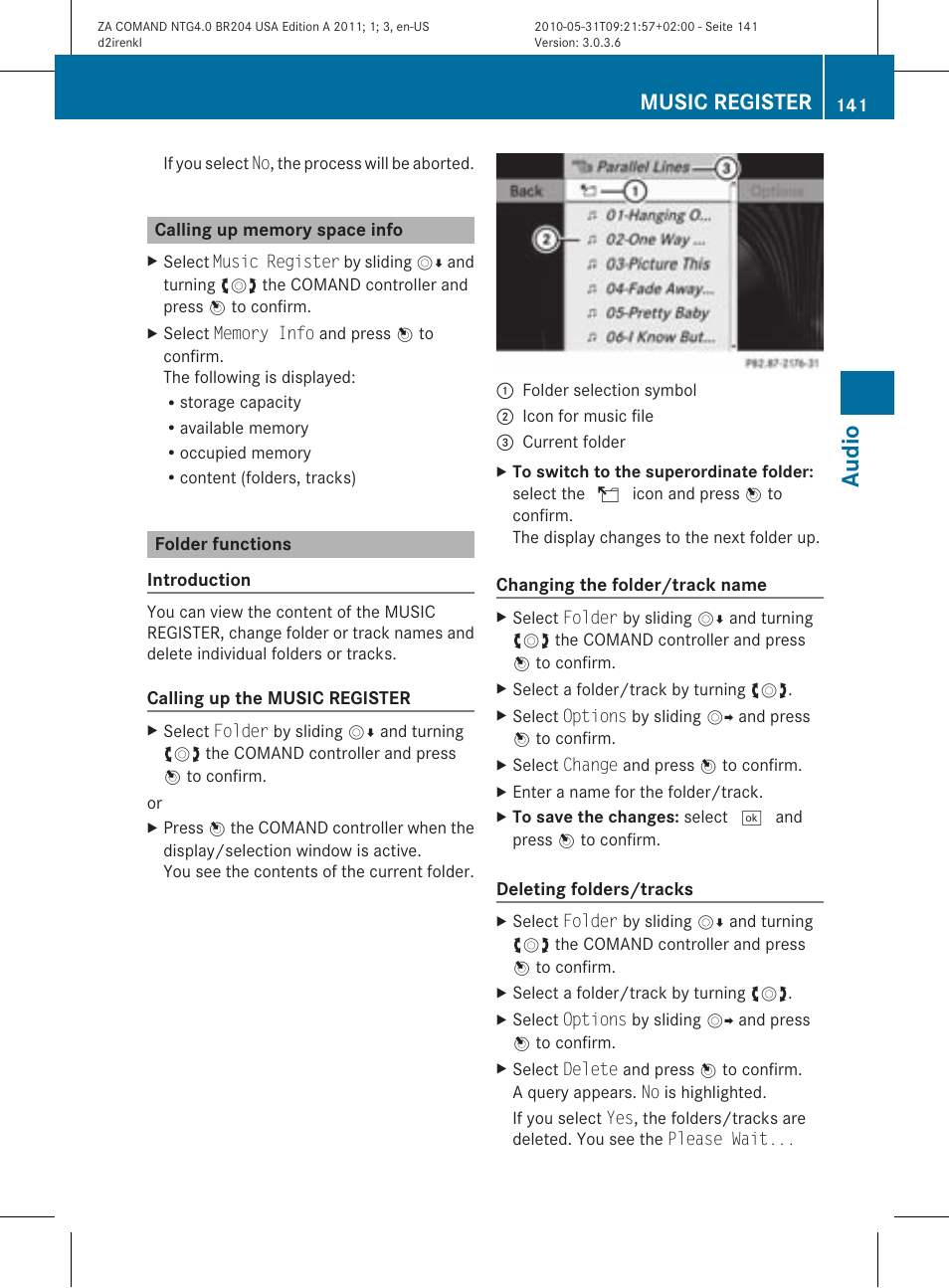 Aud io, Music register | Mercedes-Benz GLK-Class 2011 COMAND Manual User Manual | Page 143 / 190