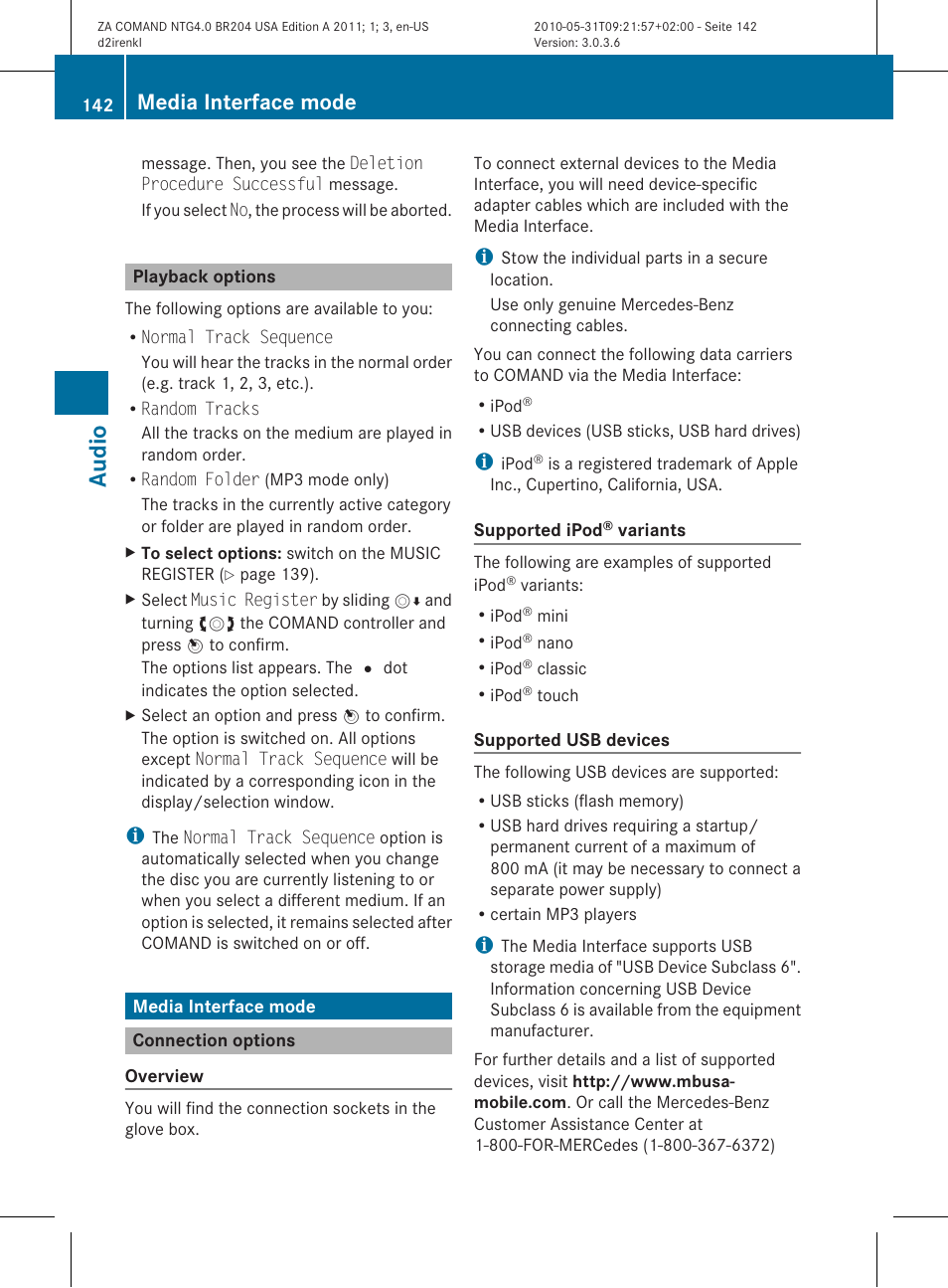 Audio, Media interface mode | Mercedes-Benz GLK-Class 2011 COMAND Manual User Manual | Page 144 / 190