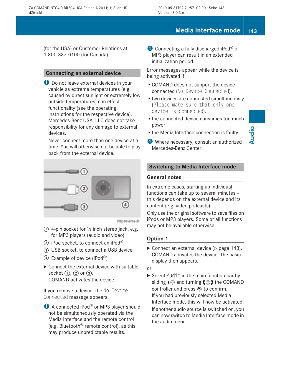 Audio, Media interface mode | Mercedes-Benz GLK-Class 2011 COMAND Manual User Manual | Page 145 / 190