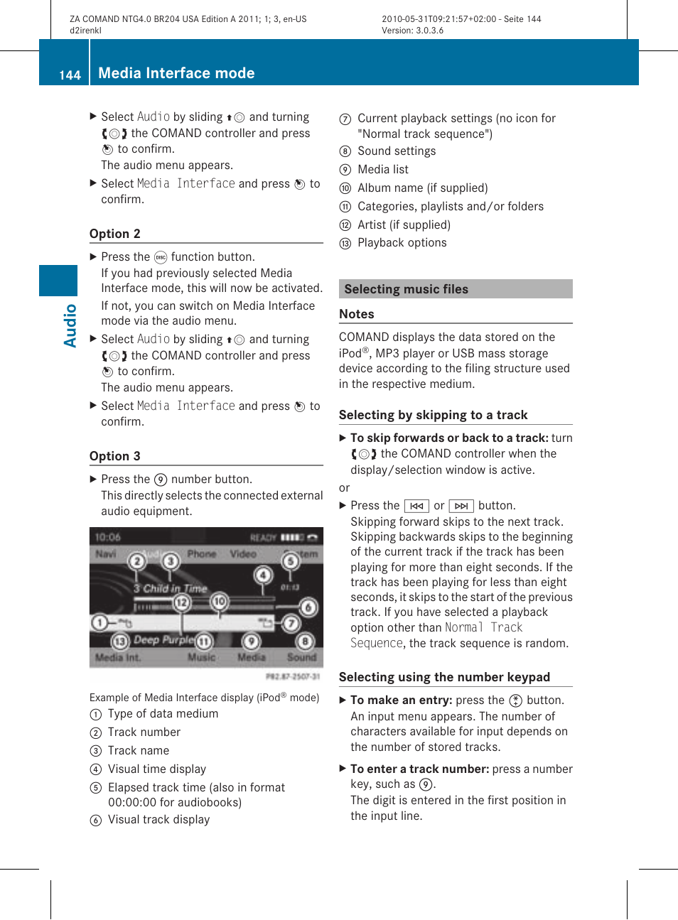Audio, Media interface mode | Mercedes-Benz GLK-Class 2011 COMAND Manual User Manual | Page 146 / 190