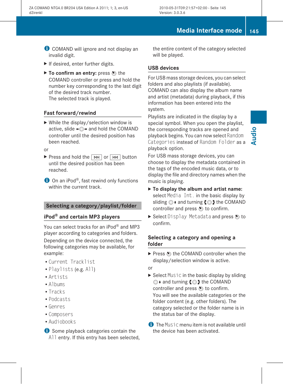 Audio, Media interface mode | Mercedes-Benz GLK-Class 2011 COMAND Manual User Manual | Page 147 / 190
