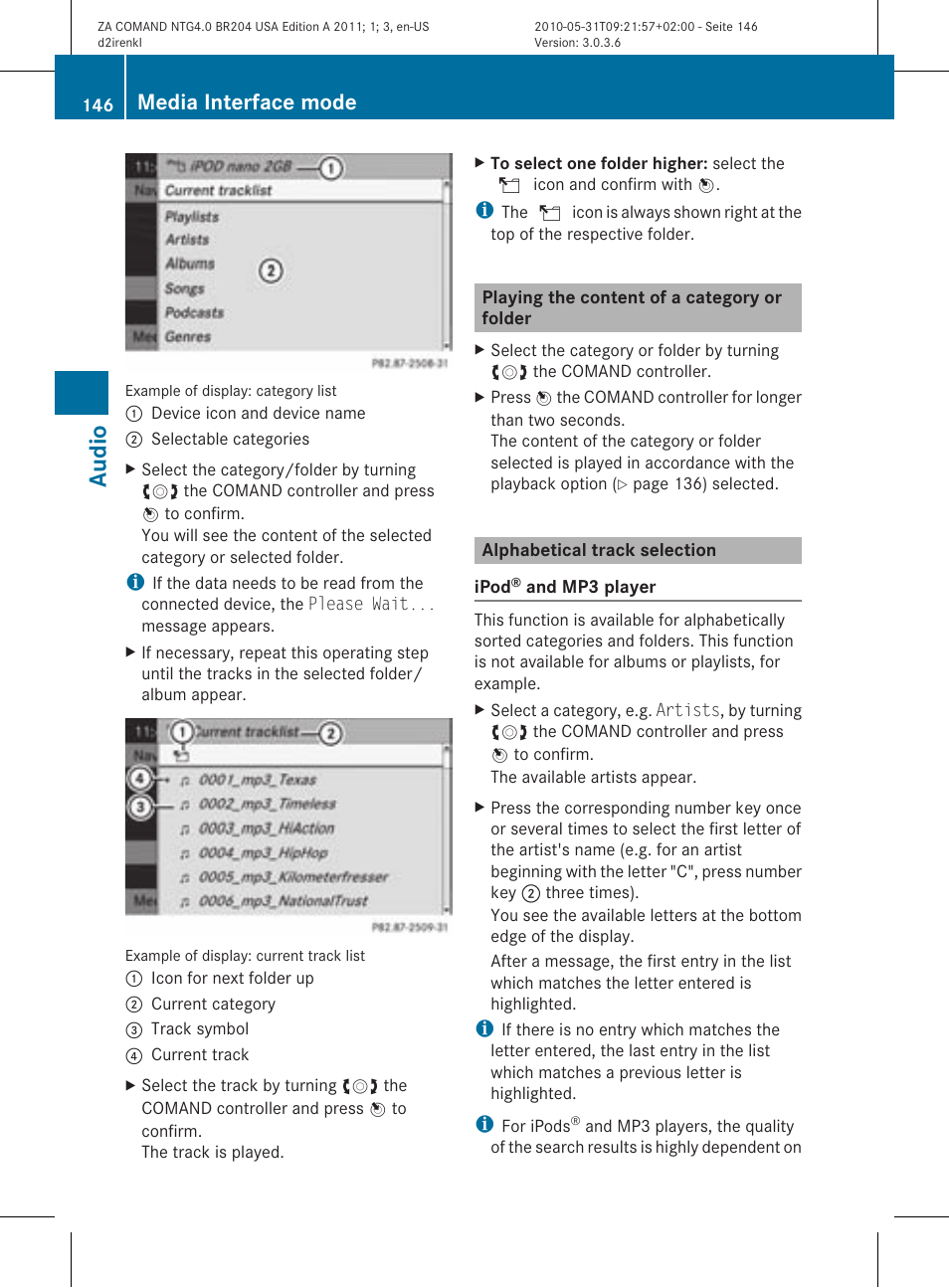 Audio, Media interface mode | Mercedes-Benz GLK-Class 2011 COMAND Manual User Manual | Page 148 / 190
